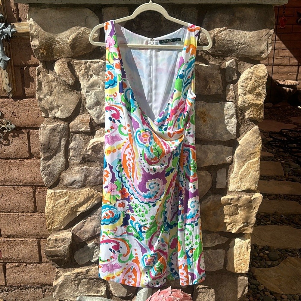 Ralph Lauren Faux Wrap Multicolor Dress Paisley Watercolor Resortwear Sz 10 NWOT